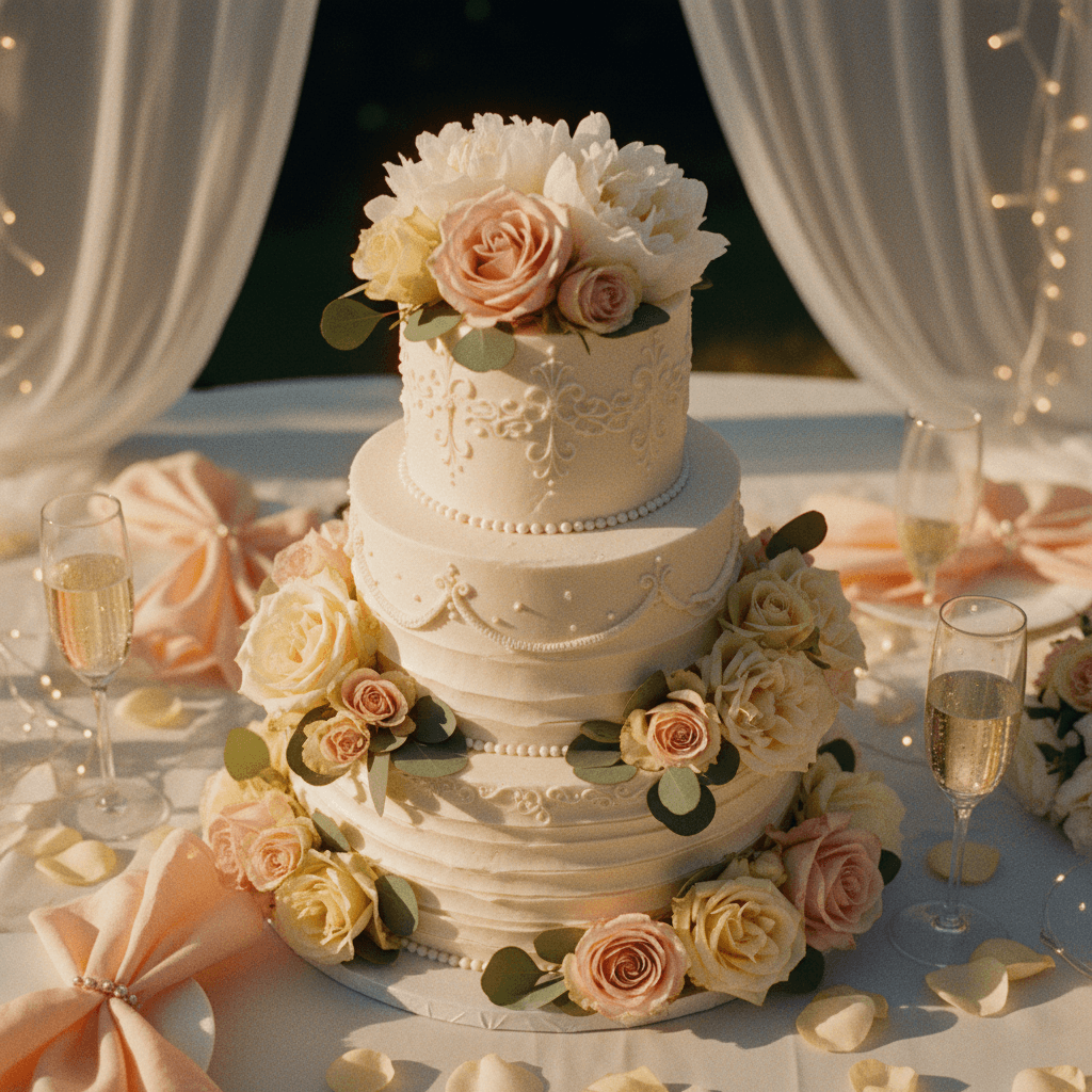 Torta nuziale elegante a più livelli con decorazioni floreali
