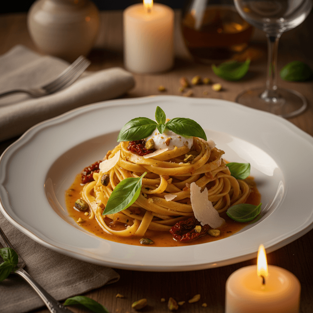 Piatto di pasta elegantemente presentato con dettagli raffinati