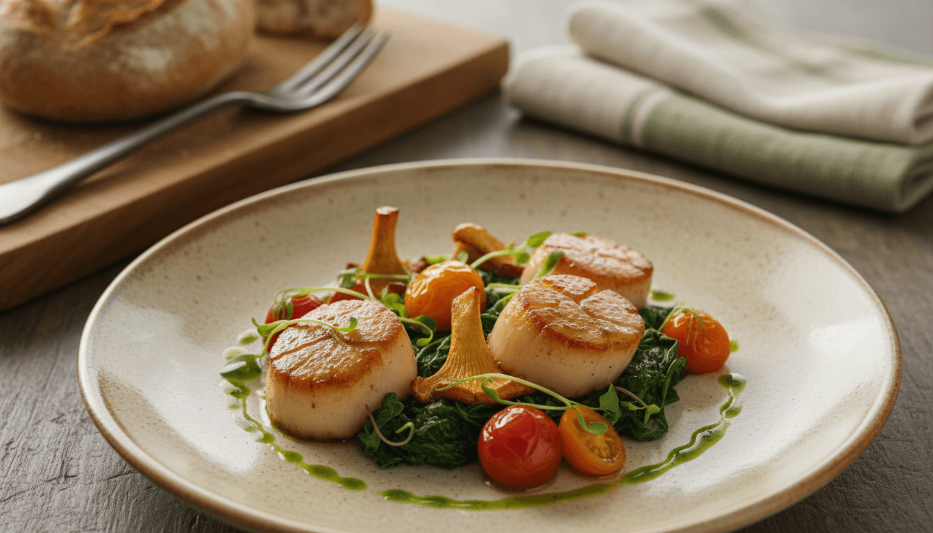 Piatto gourmet elegantemente presentato con ingredienti freschi di stagione, preparato da Rixon Catering