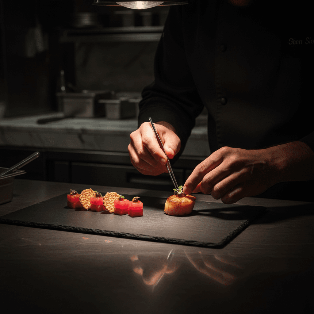 Chef che prepara antipasti raffinati con precisione e dedizione