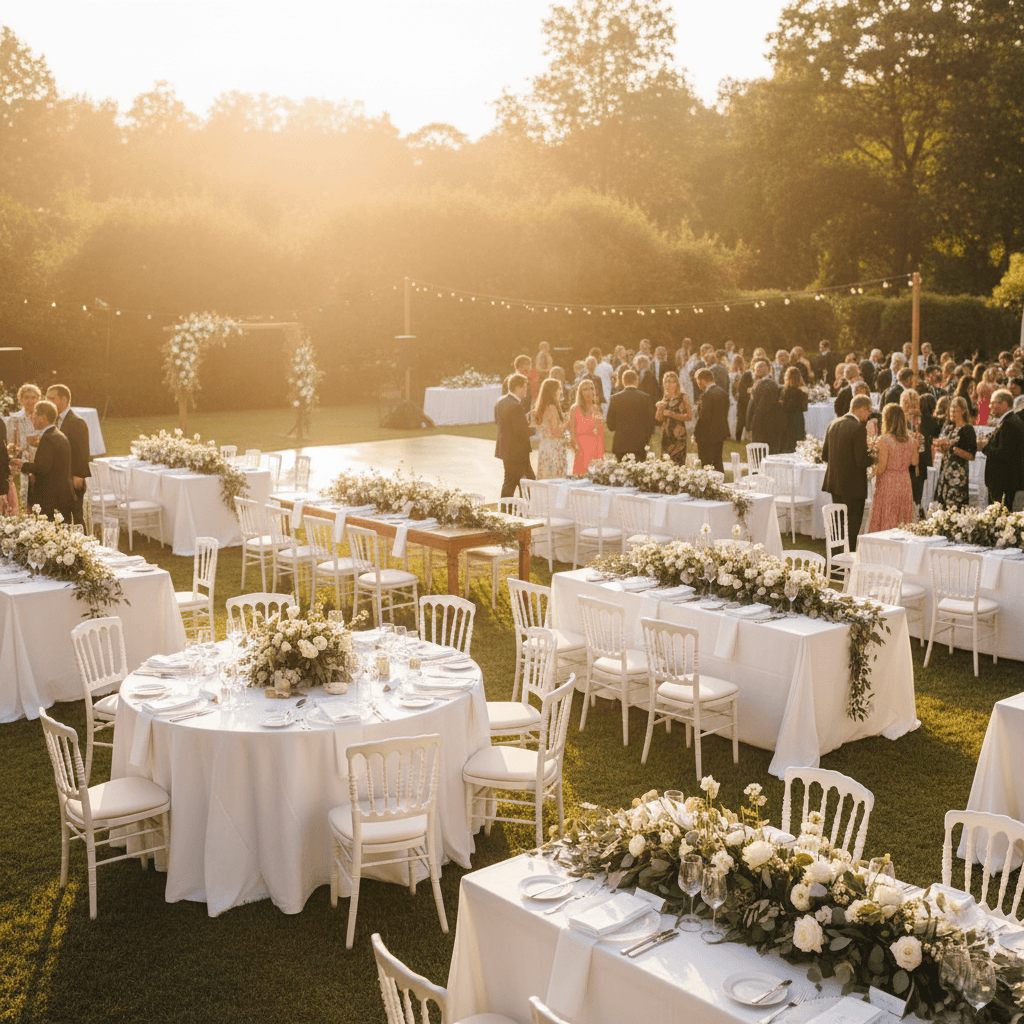 Allestimento matrimoniale elegante in giardino con tavoli decorati