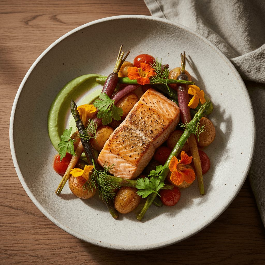 Piatto gourmet elegantemente presentato con erbe fresche e illuminazione calorosa