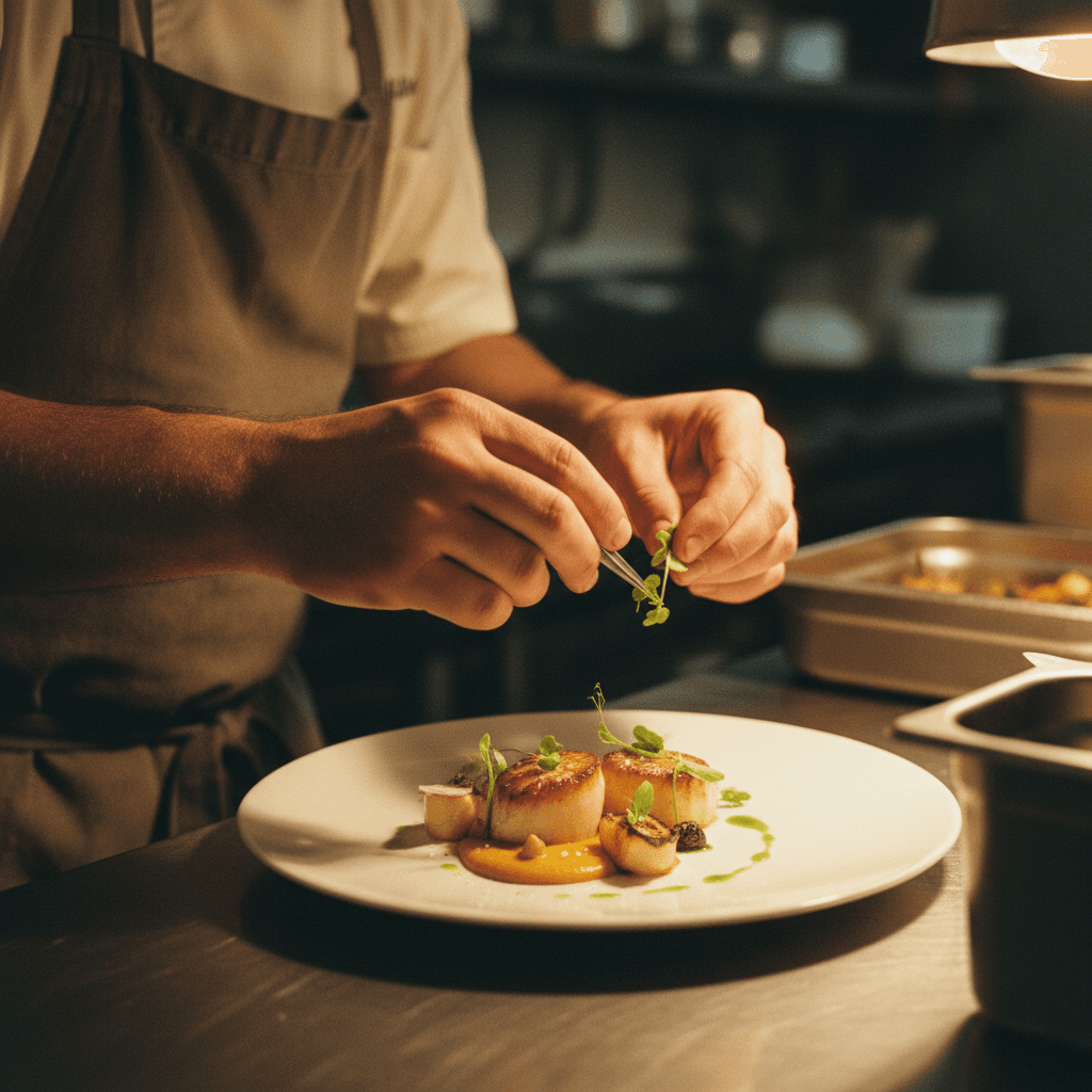 Chef professionista prepara un piatto elegante con ingredienti freschi in cucina moderna, con luce naturale calda