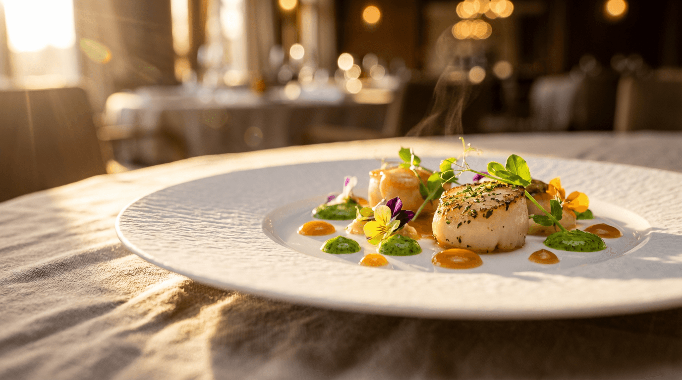 Tavolo catering elegantemente allestito con piatti gourmet e dettagli professionali